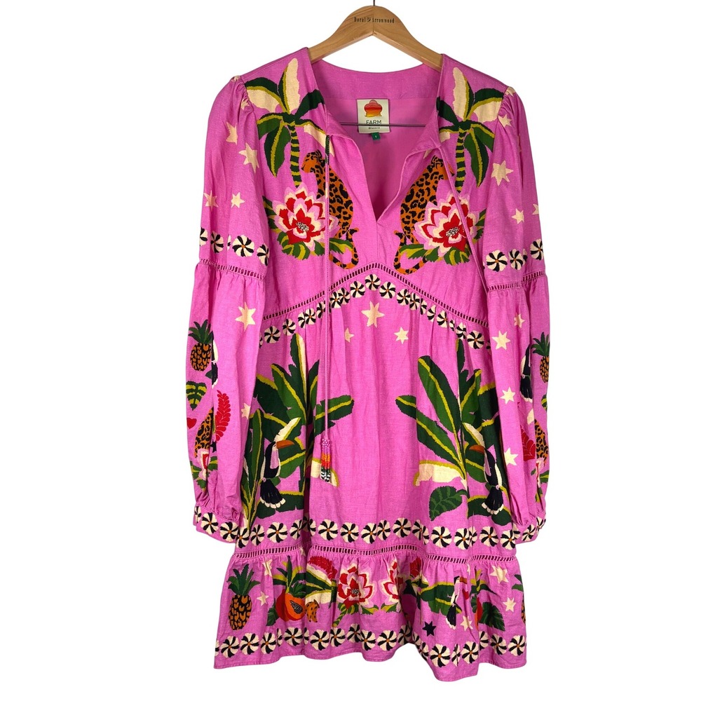 Farm Rio Pink Tropical Mixed Prints Linen Blend Mini Dress Small Leopard Toucan